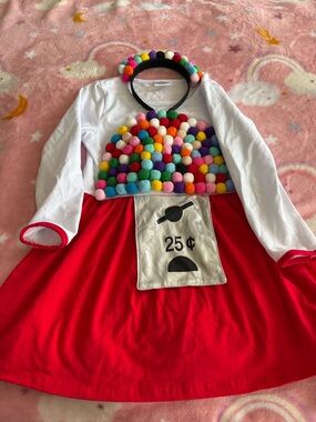 Kids Red Gumball Machine Costume Dress with Pom Headband